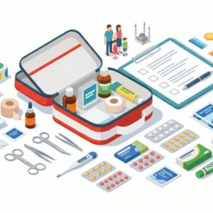 Изометрическая иллюстрация аптечки первой помощи для путешествия в Турцию на белом фоне